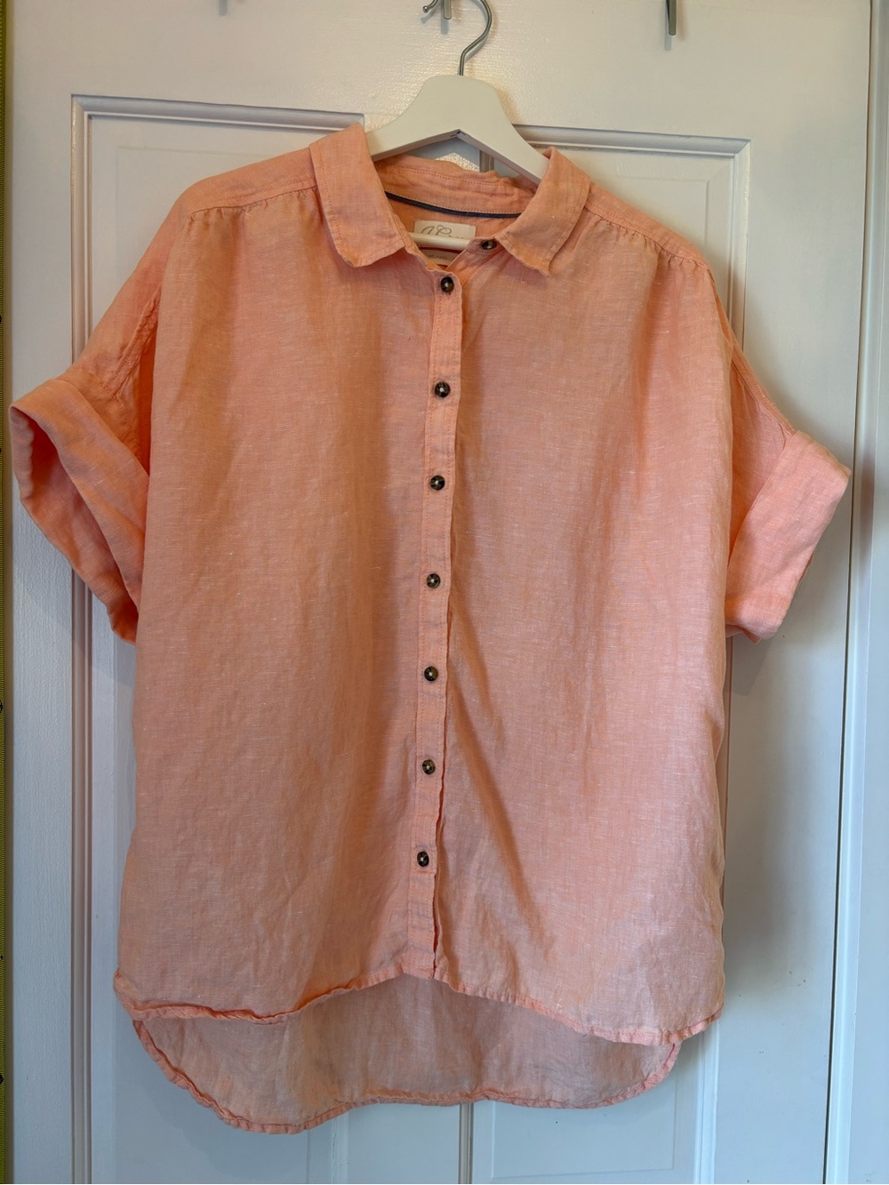 J. Crew Women’s Light Orange Peach Short-Sleeved Linen Button-Down Shirt Size L